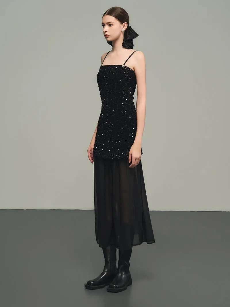 Sequins Elegant Bijou Flare Ciffon Camisole&Long-Skirt