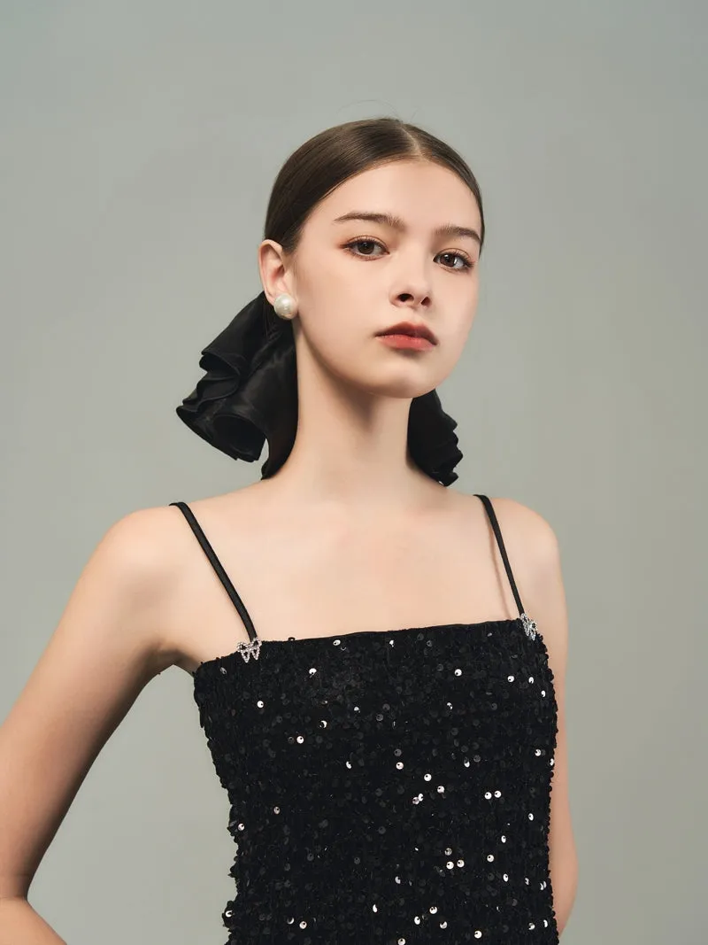 Sequins Elegant Bijou Flare Ciffon Camisole&Long-Skirt