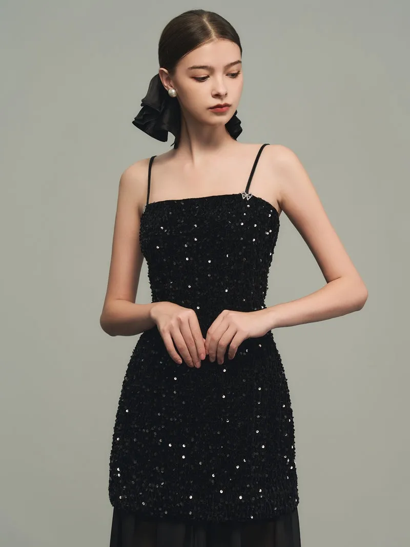 Sequins Elegant Bijou Flare Ciffon Camisole&Long-Skirt