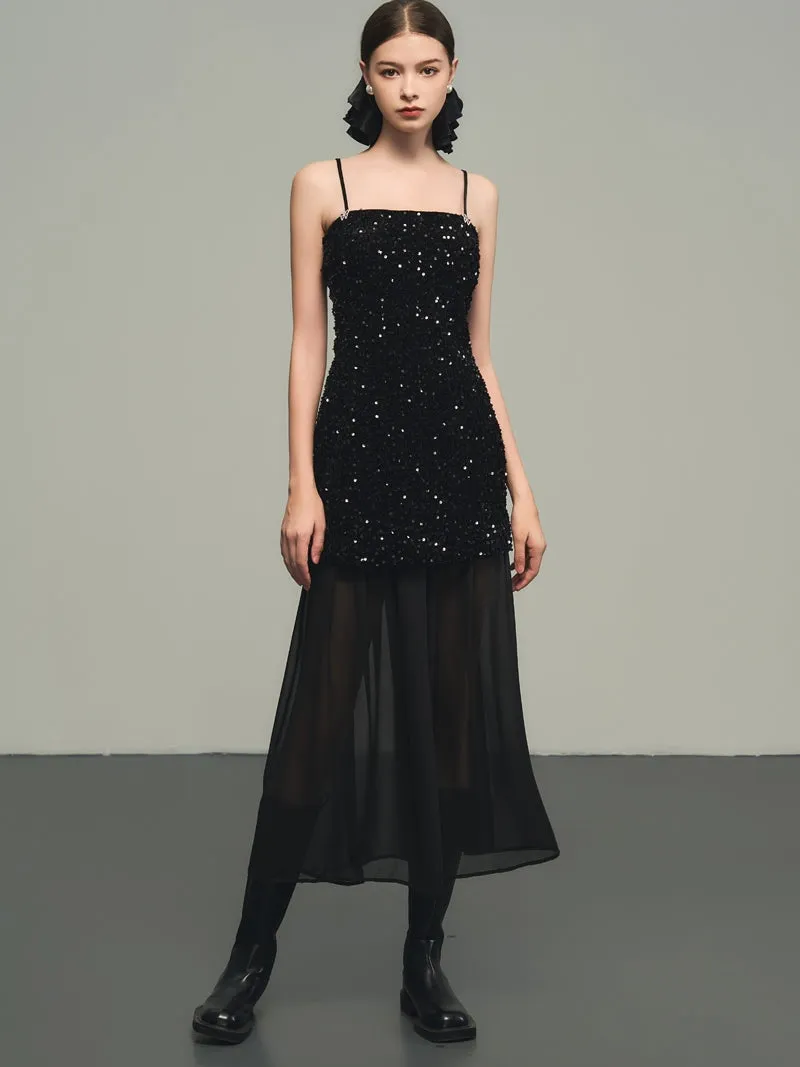 Sequins Elegant Bijou Flare Ciffon Camisole&Long-Skirt