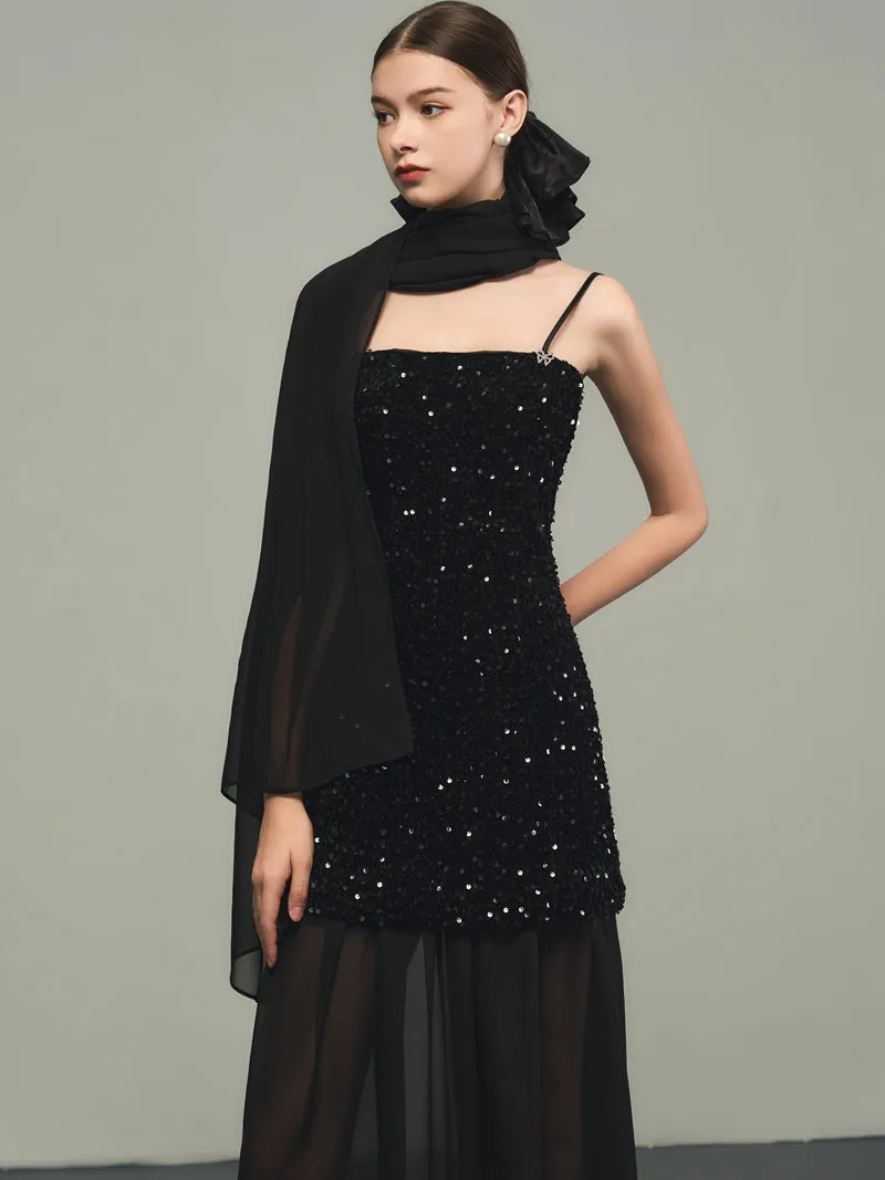 Sequins Elegant Bijou Flare Ciffon Camisole&Long-Skirt