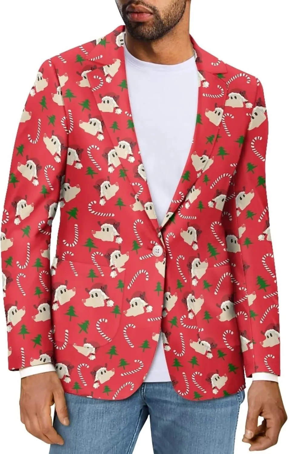 Soft Modern One Button Blazer for Men Novelty Print Long Sleeve Notch Lapel Collar Suit Jacket with Pockets