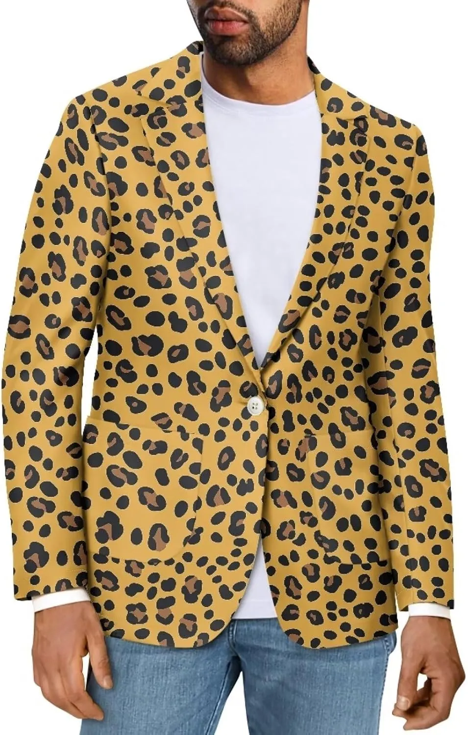 Soft Modern One Button Blazer for Men Novelty Print Long Sleeve Notch Lapel Collar Suit Jacket with Pockets