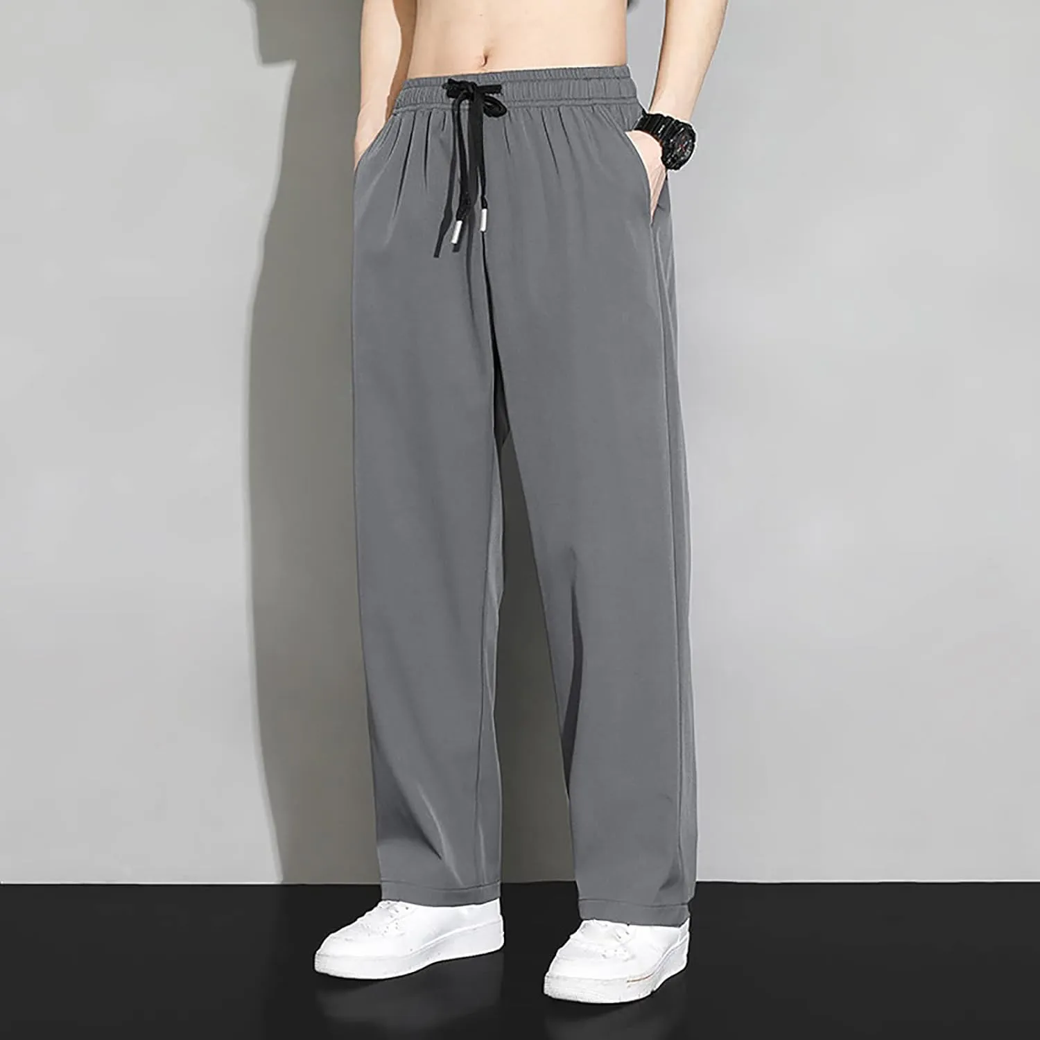Sweatpants for Men Summer Drawstring Elastic Waist Fit Pockets Breathable Loose Elasticity Fresh Running Trousers