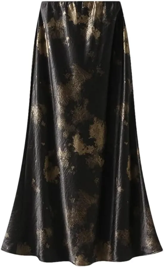 Women Elastic High Waist Satin Long Skirts Tie Dye Bodycon Elegant Female Skirt
