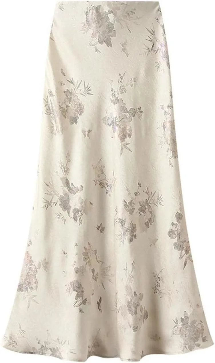 Women Elegant Mermaid Skirt Hot Stamping Satin A-Line Casual Long Maxi Skirts