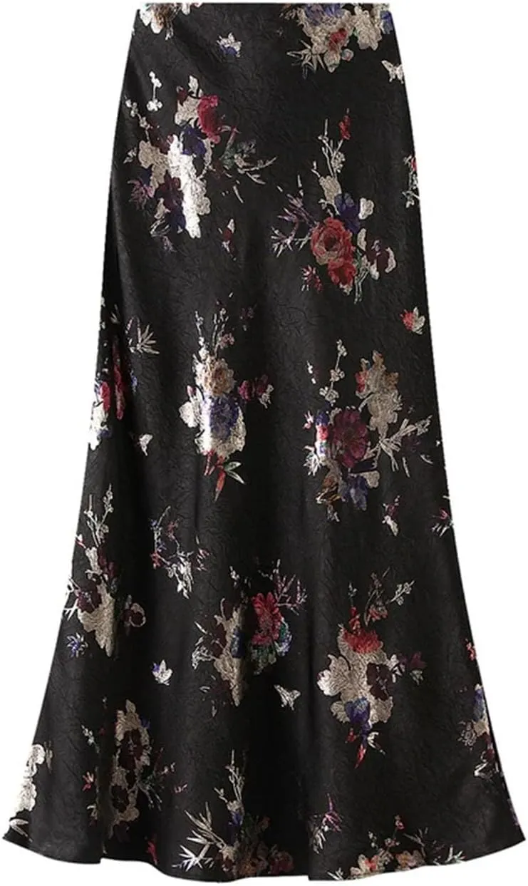 Women Elegant Mermaid Skirt Hot Stamping Satin A-Line Casual Long Maxi Skirts