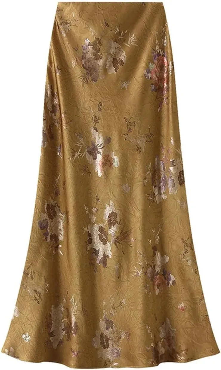 Women Elegant Mermaid Skirt Hot Stamping Satin A-Line Casual Long Maxi Skirts