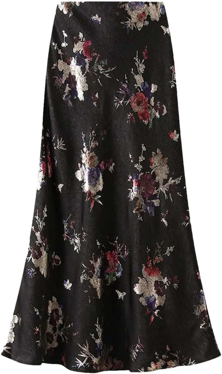 Women Elegant Mermaid Skirt Hot Stamping Satin A-Line Casual Long Maxi Skirts