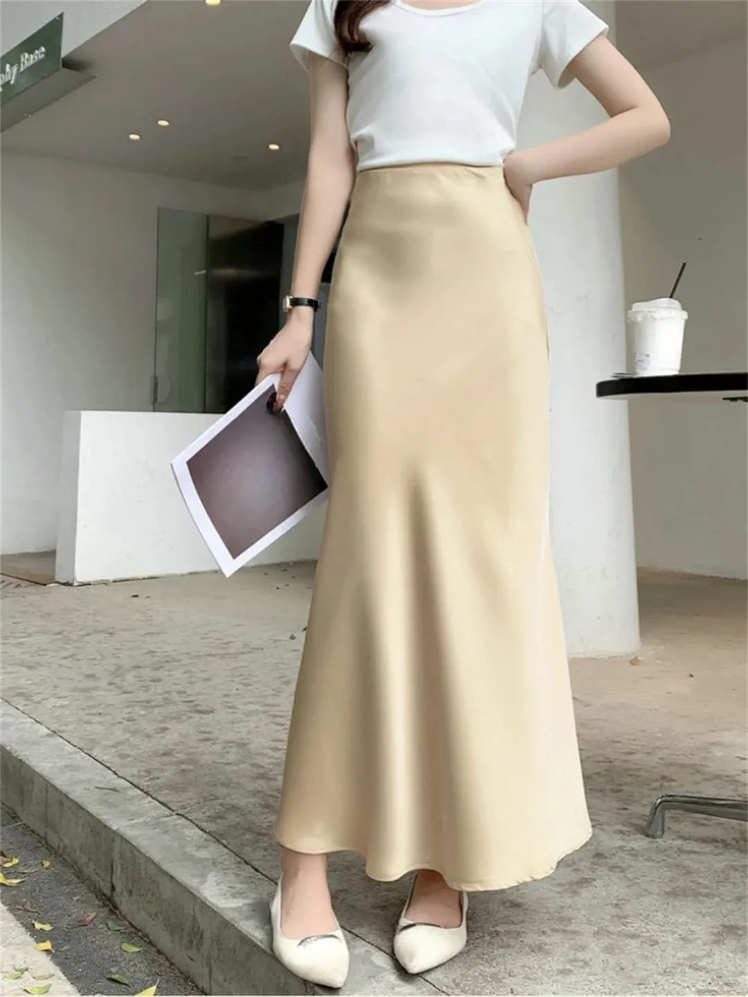Women Elegant Satin Fishtail Skirt Summer Vintage Solid Ankle-Length Maxi Skirts