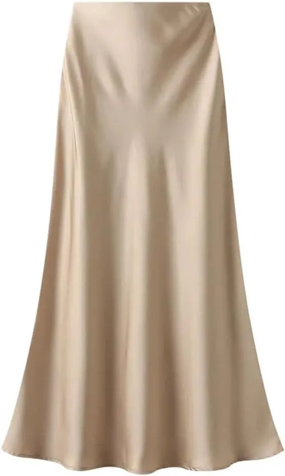 Women Elegant Satin Fishtail Skirt Summer Vintage Solid Ankle-Length Maxi Skirts