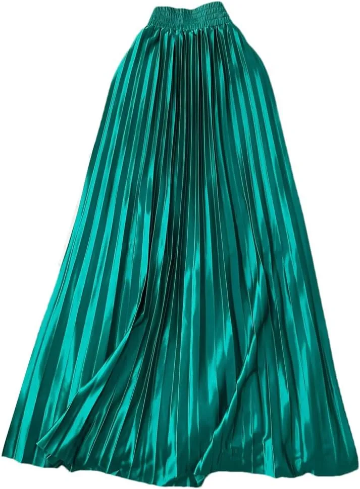 Women Elegant Satin Pleated Sexy Skirt Elastic High Waist Vintage Slim Casual Skirt