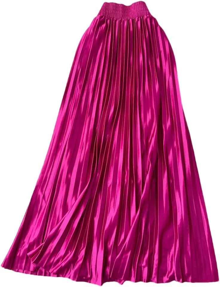 Women Elegant Satin Pleated Sexy Skirt Elastic High Waist Vintage Slim Casual Skirt