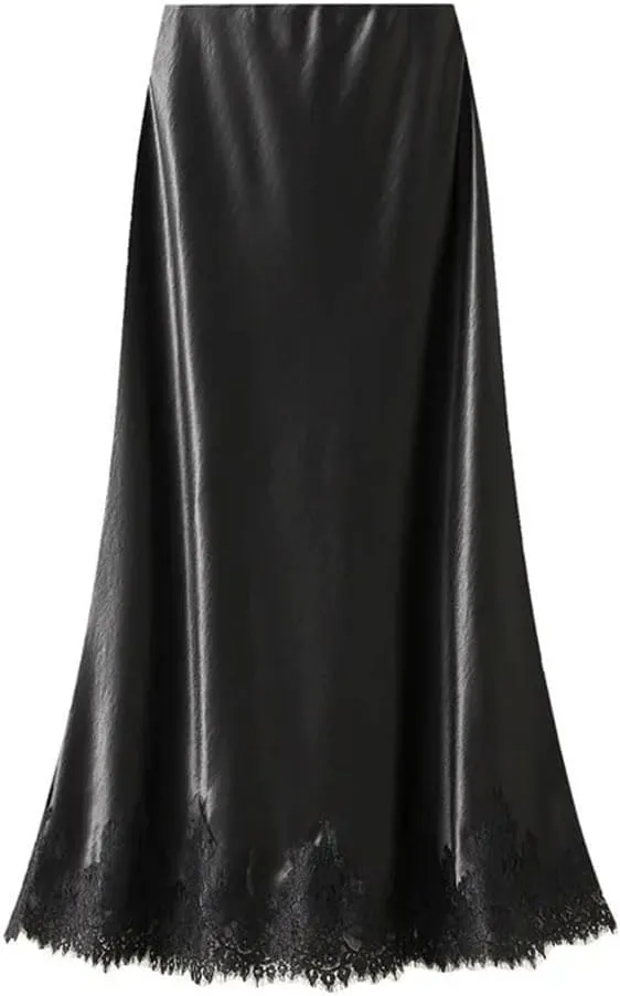 Women Lace Patchwork Satin Long Skirt A-LINE Summer High Waist Elegant Skirts