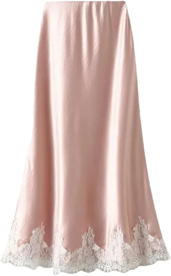 Women Lace Patchwork Satin Long Skirt A-LINE Summer High Waist Elegant Skirts