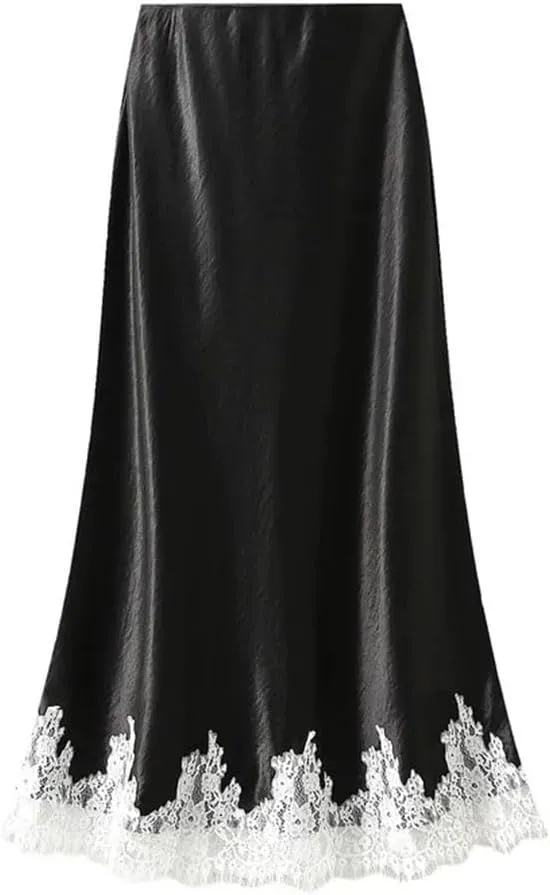 Women Lace Patchwork Satin Long Skirt A-LINE Summer High Waist Elegant Skirts
