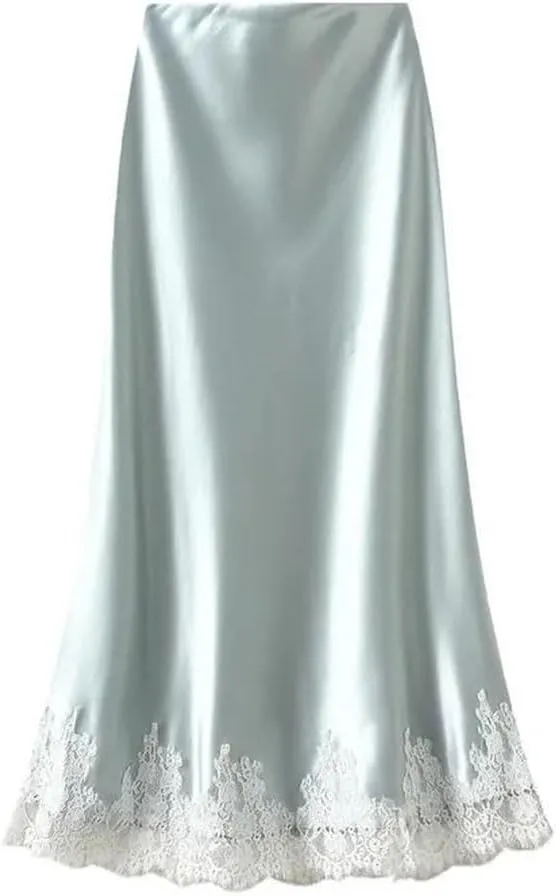 Women Lace Patchwork Satin Long Skirt A-LINE Summer High Waist Elegant Skirts
