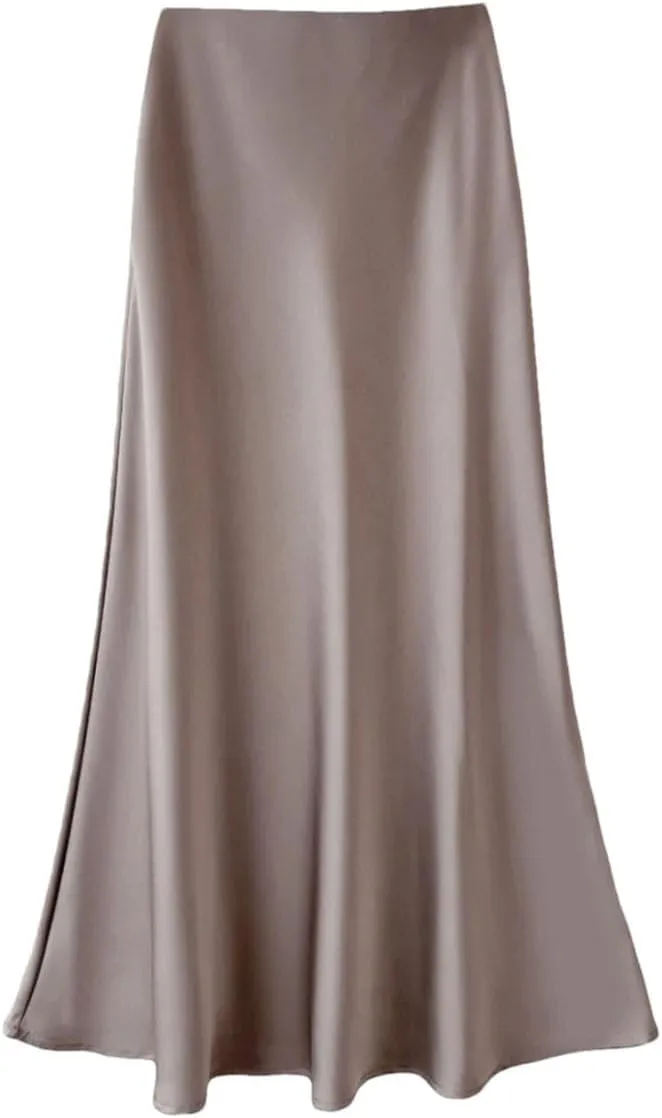 Women Satin Slik Long Skirt Office Elegant Zipper Up Elastic Band Vintage Skirt