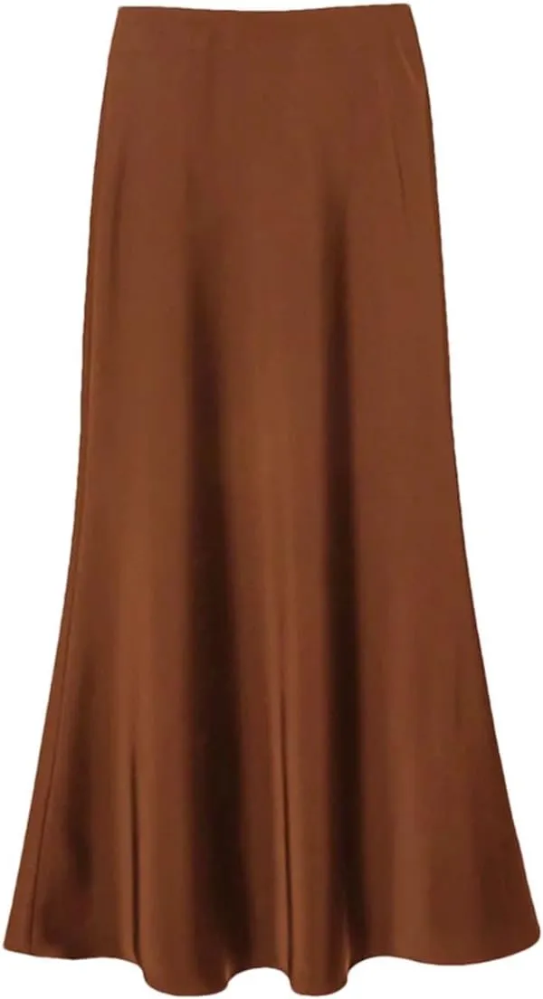 Women Satin Slik Long Skirt Office Elegant Zipper Up Elastic Band Vintage Skirt