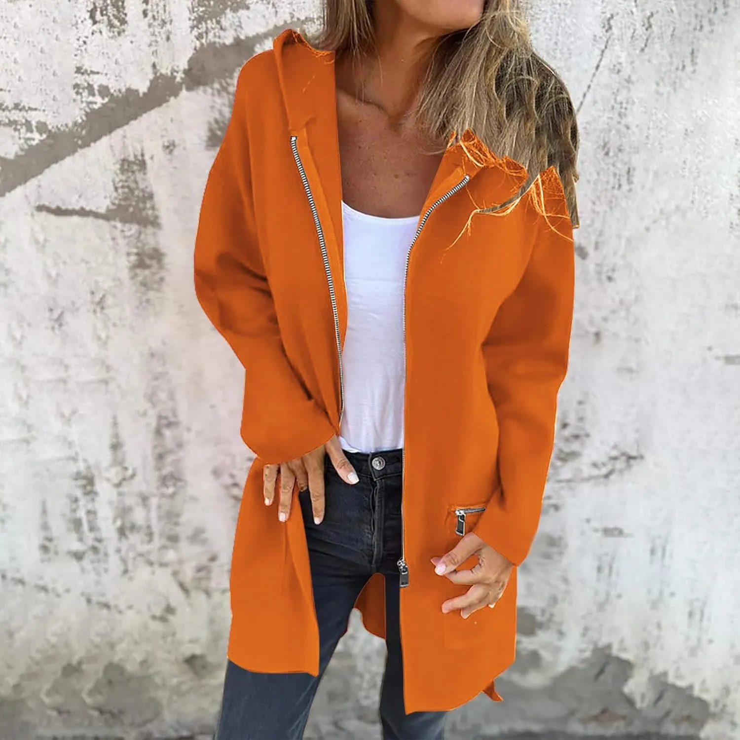 Women Woolen Blend Casual Jacket, Long Sleeve Soft Comfy Hooded Pea Coat Solid Color Zip Up Mid-Length Wool Overcoat