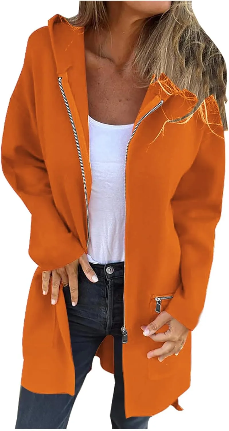 Women Woolen Blend Casual Jacket, Long Sleeve Soft Comfy Hooded Pea Coat Solid Color Zip Up Mid-Length Wool Overcoat