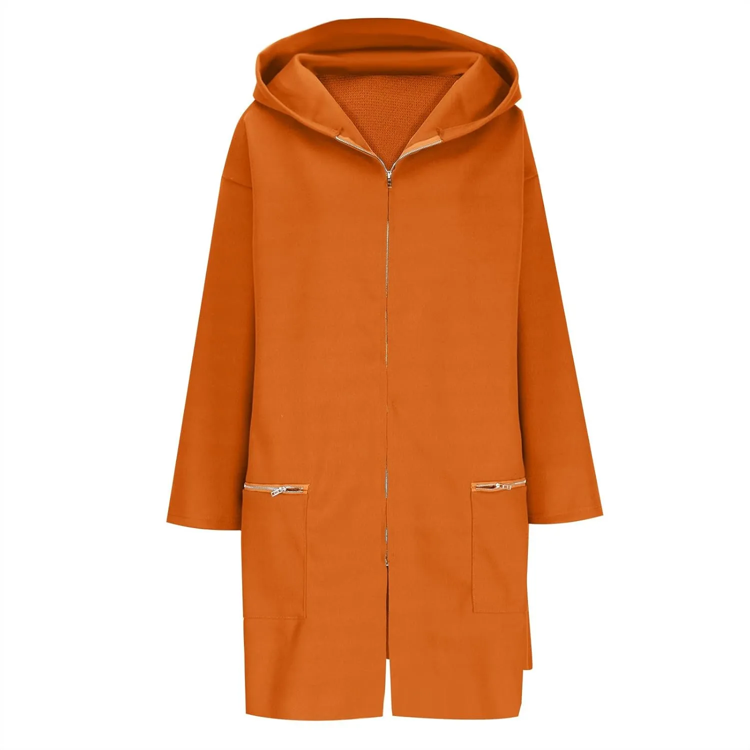 Women Woolen Blend Casual Jacket, Long Sleeve Soft Comfy Hooded Pea Coat Solid Color Zip Up Mid-Length Wool Overcoat