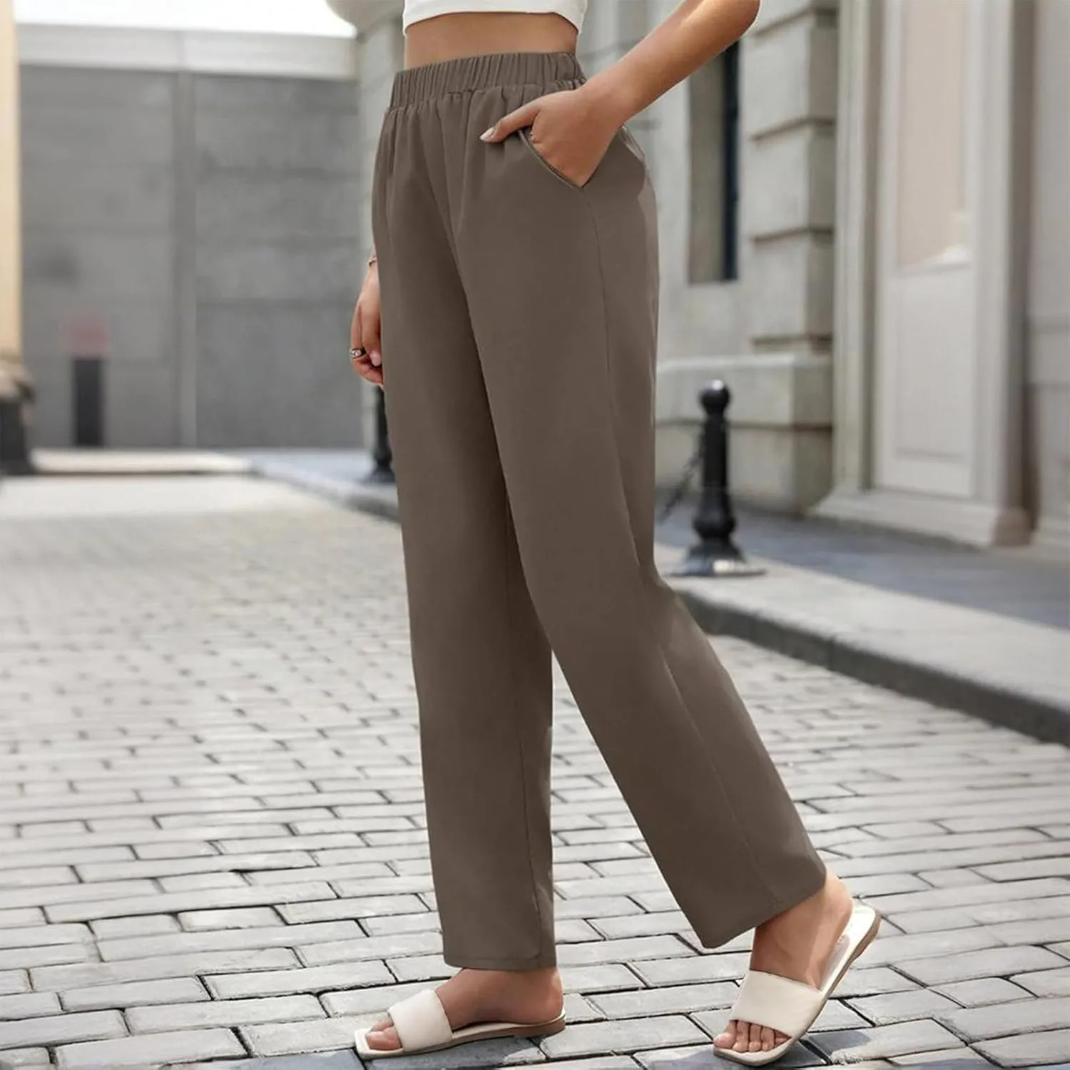 Women's Casual Cotton Pants Casual Loose Comfy Elastic Waist Trousers 2025 Summer Solid Color Straight Leg Pants