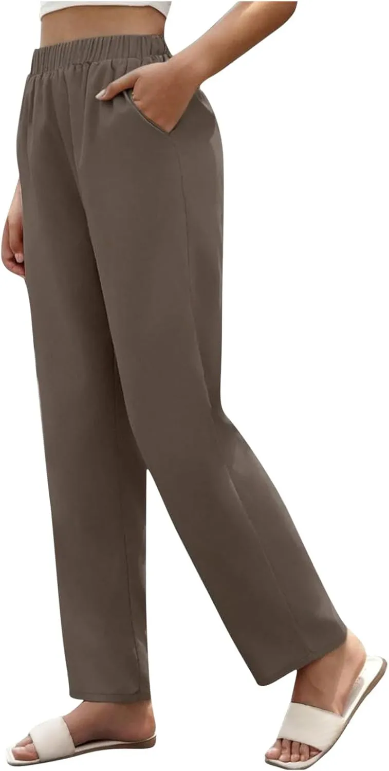 Women's Casual Cotton Pants Casual Loose Comfy Elastic Waist Trousers 2025 Summer Solid Color Straight Leg Pants
