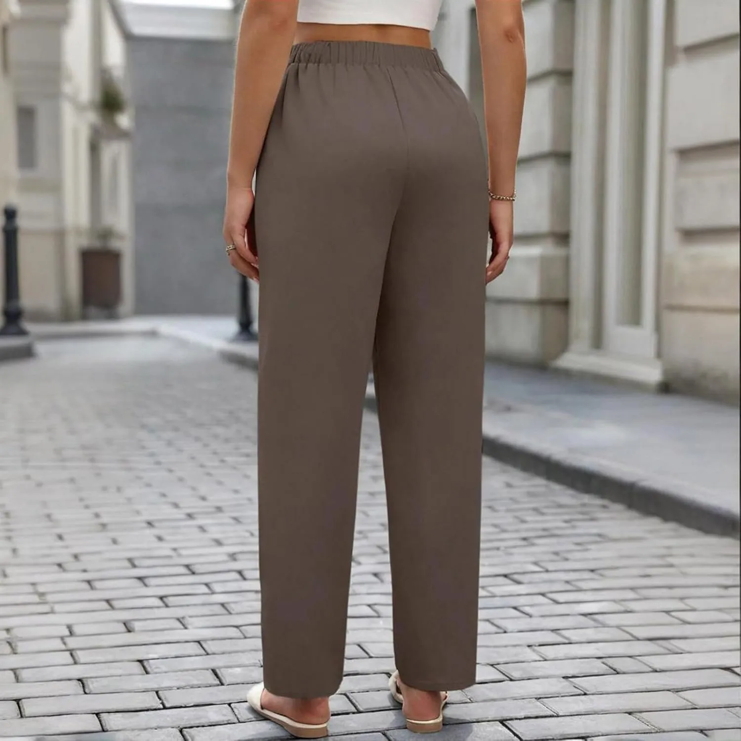 Women's Casual Cotton Pants Casual Loose Comfy Elastic Waist Trousers 2025 Summer Solid Color Straight Leg Pants