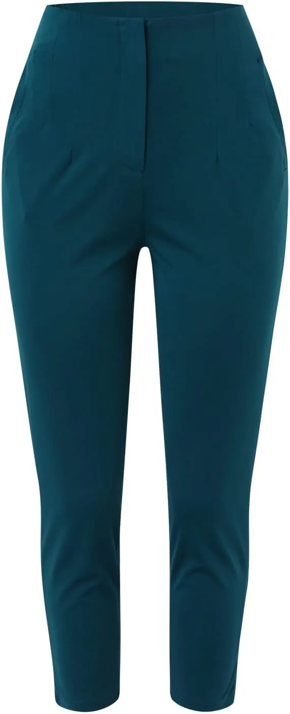 Womens Casual Stretchy High Waisted Dress Pants Solid Trendy Pleated Straight Leg Pull-On Business Work Trousers with Pockets