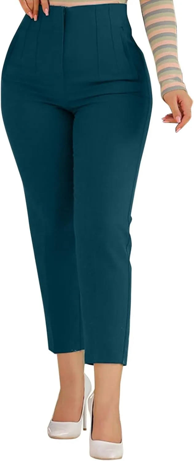 Womens Casual Stretchy High Waisted Dress Pants Solid Trendy Pleated Straight Leg Pull-On Business Work Trousers with Pockets