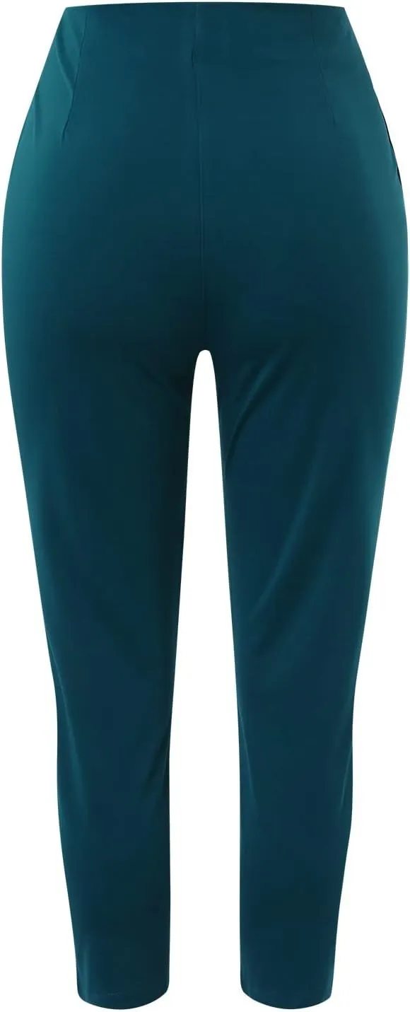 Womens Casual Stretchy High Waisted Dress Pants Solid Trendy Pleated Straight Leg Pull-On Business Work Trousers with Pockets