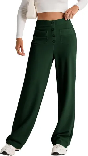 Women's High Waisted Straight Leg Pants Business Casual Work Pants Button Down Casual Trousers with Multiple Pockets