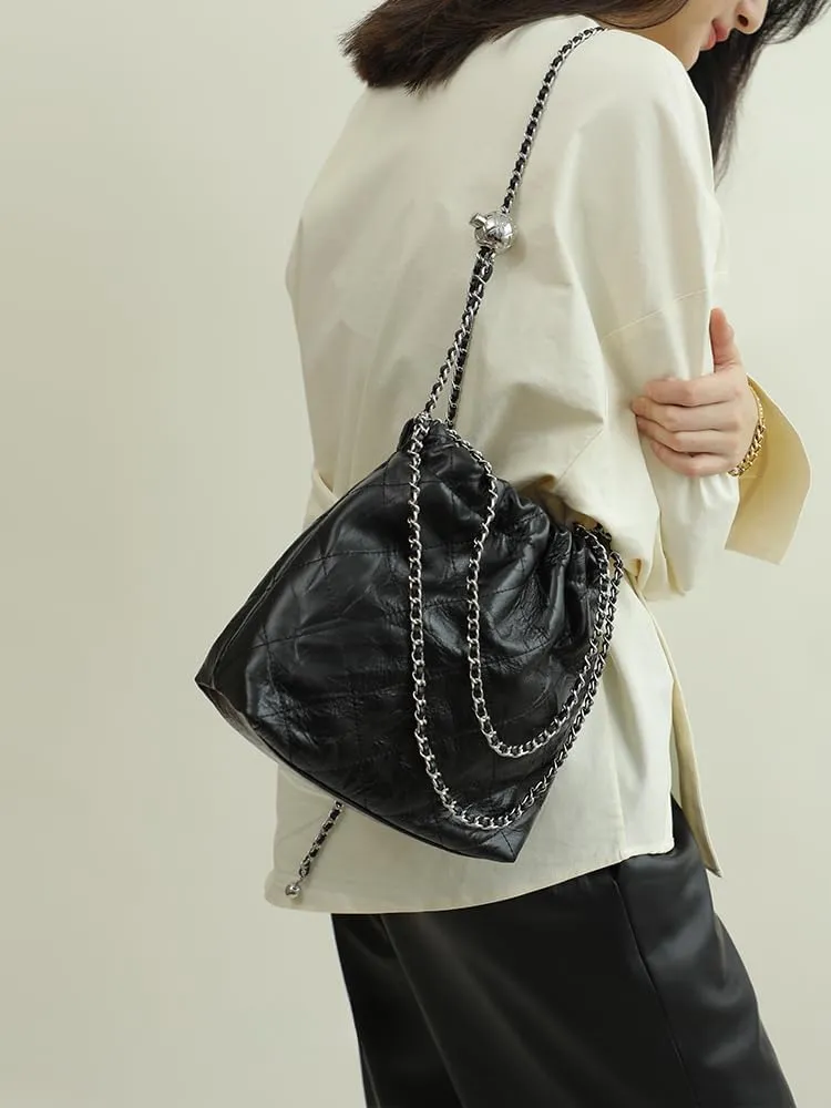 Women's Leather Chain Silver Ball Cloud Trash Bag Shoulder Armpit Crossbody Bag Handbag Versatile Hobo Chic Stylish