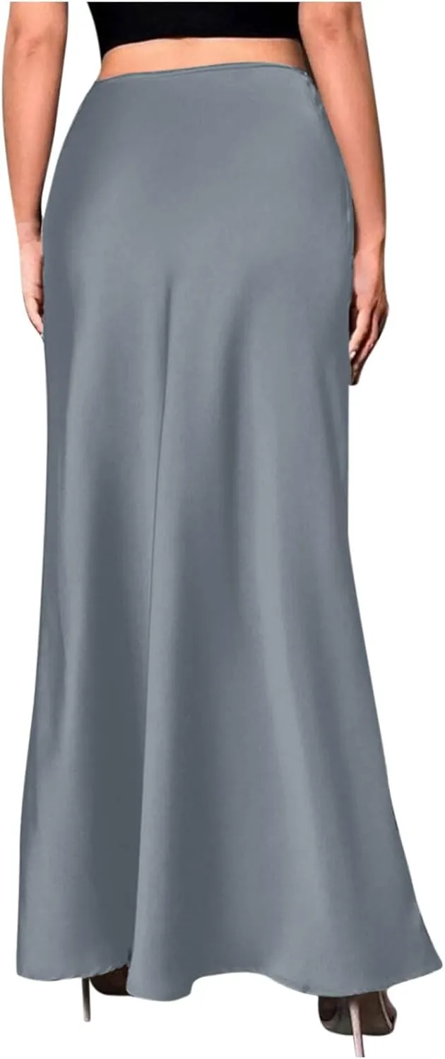 Womens Satin High Waist Elastic Maxi Skirt Silk Elegant Dressy Bodycon A-Line Long Skirts Cocktail Party Outfits