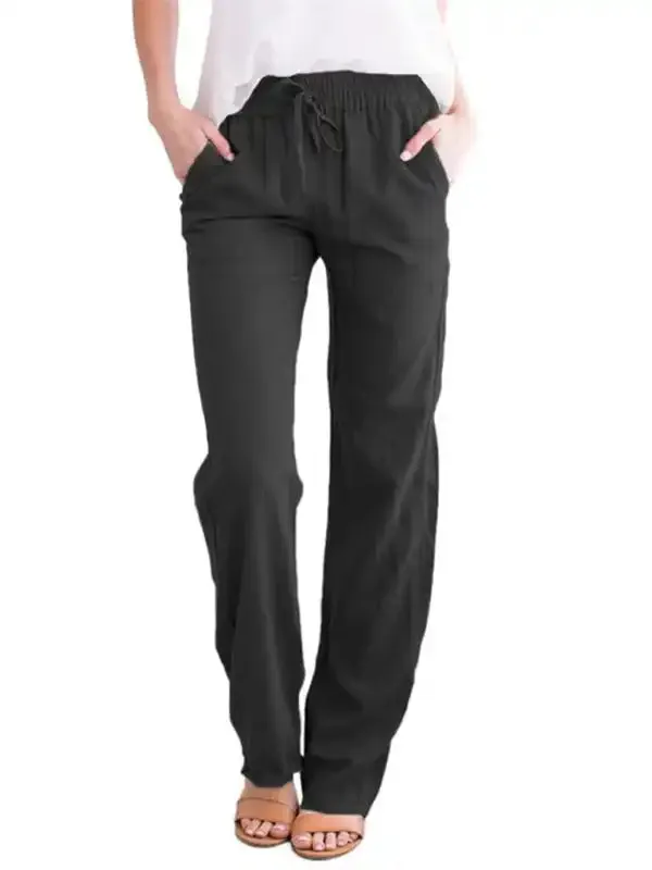 Women’s Solid Color Cotton Linen Drawstring Loose Casual Wide Leg Trousers