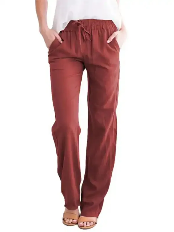 Women’s Solid Color Cotton Linen Drawstring Loose Casual Wide Leg Trousers