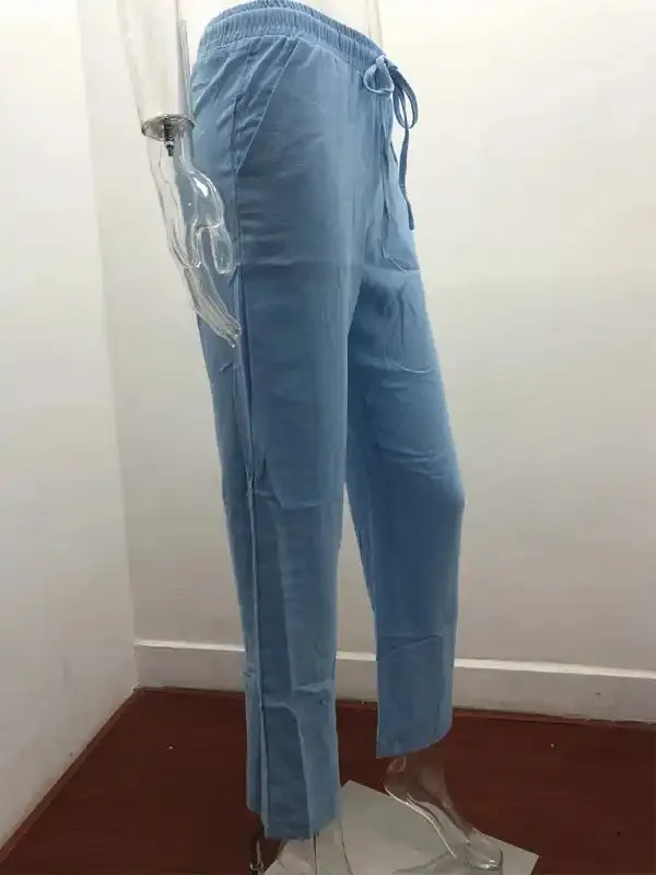 Women’s Solid Color Cotton Linen Drawstring Loose Casual Wide Leg Trousers