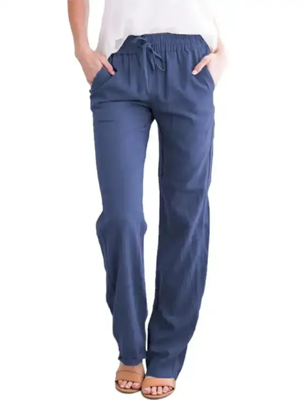 Women’s Solid Color Cotton Linen Drawstring Loose Casual Wide Leg Trousers