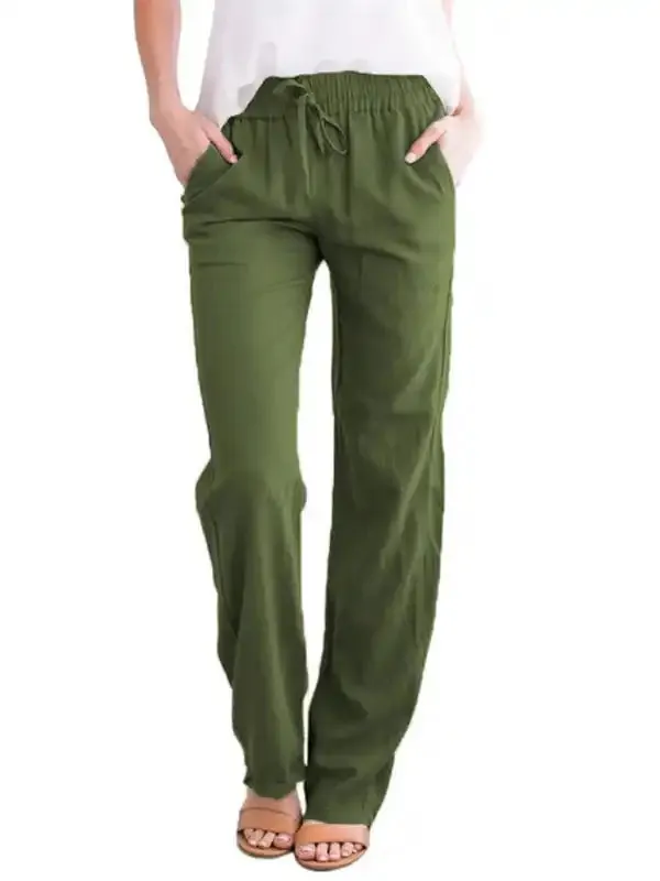 Women’s Solid Color Cotton Linen Drawstring Loose Casual Wide Leg Trousers