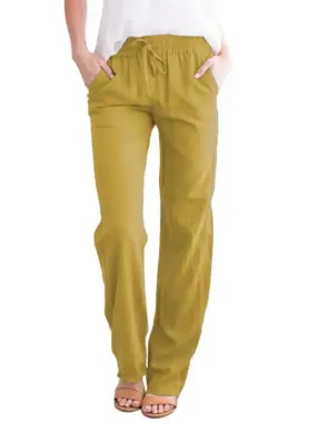 Women’s Solid Color Cotton Linen Drawstring Loose Casual Wide Leg Trousers