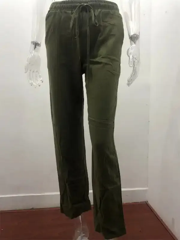 Women’s Solid Color Cotton Linen Drawstring Loose Casual Wide Leg Trousers