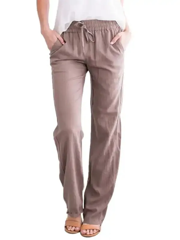 Women’s Solid Color Cotton Linen Drawstring Loose Casual Wide Leg Trousers