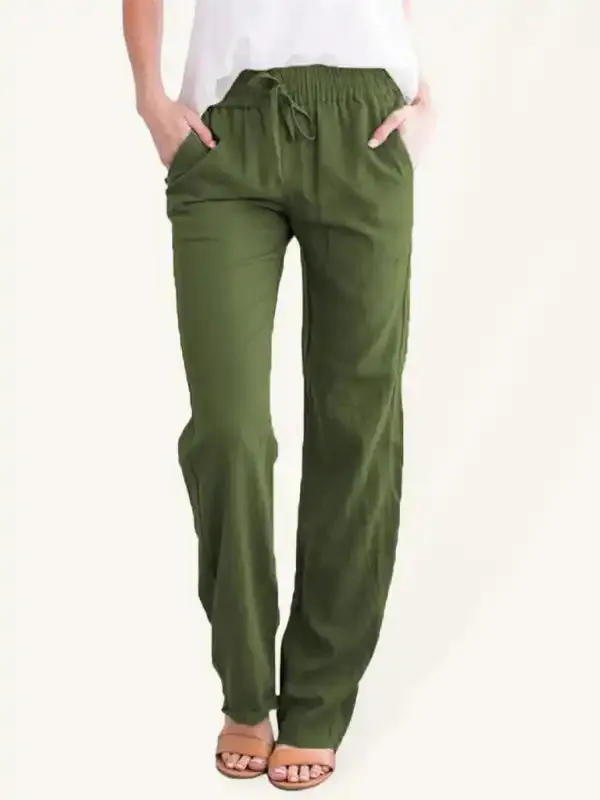 Women’s Solid Color Cotton Linen Drawstring Loose Casual Wide Leg Trousers