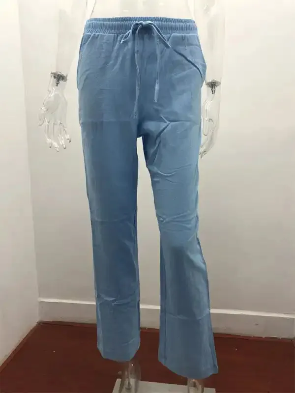Women’s Solid Color Cotton Linen Drawstring Loose Casual Wide Leg Trousers
