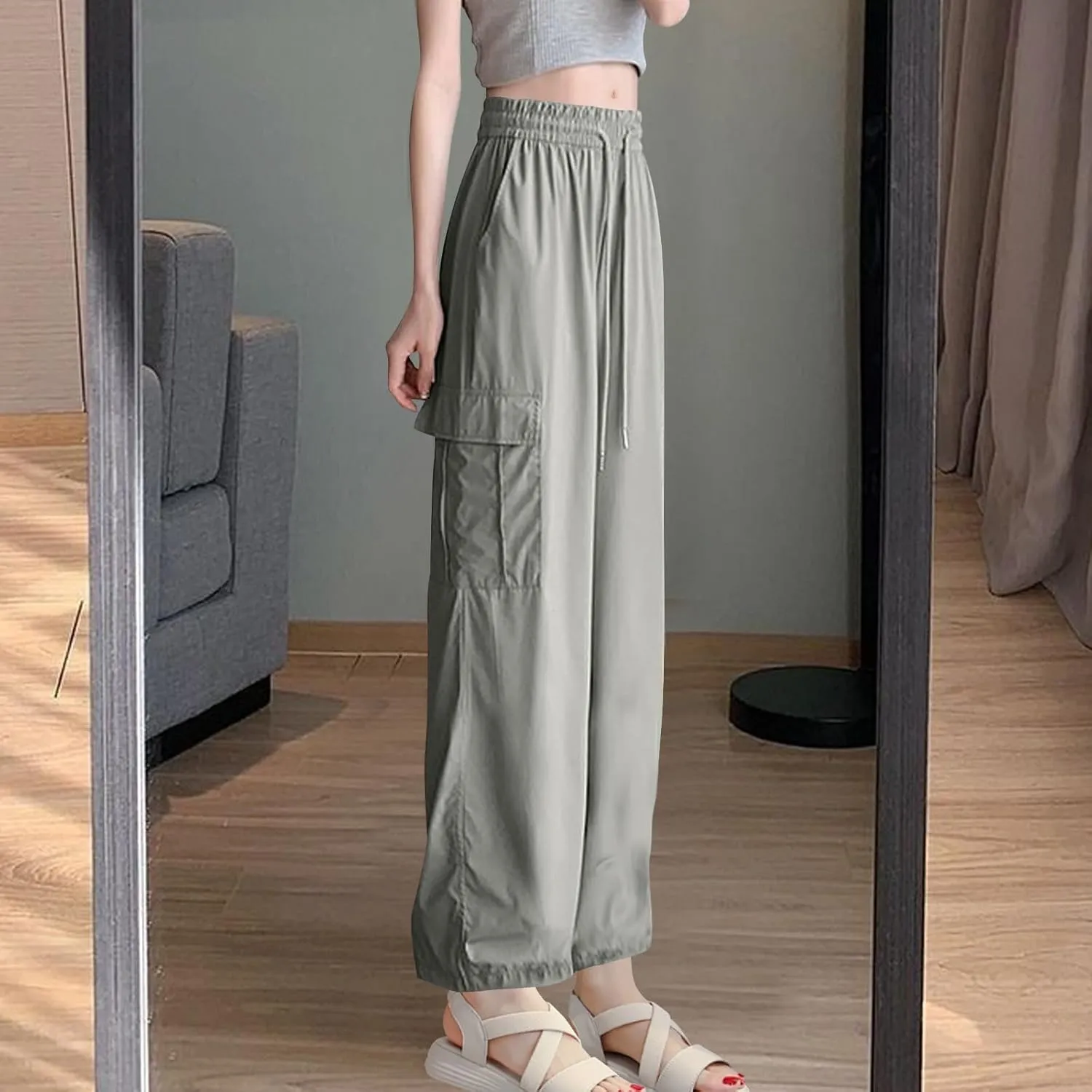 Women's Straight Wide Leg Pants Elastic High Waisted Quick Dry Trouser Ice Silk Casual Sweatpant Baggy Workout Jogger
