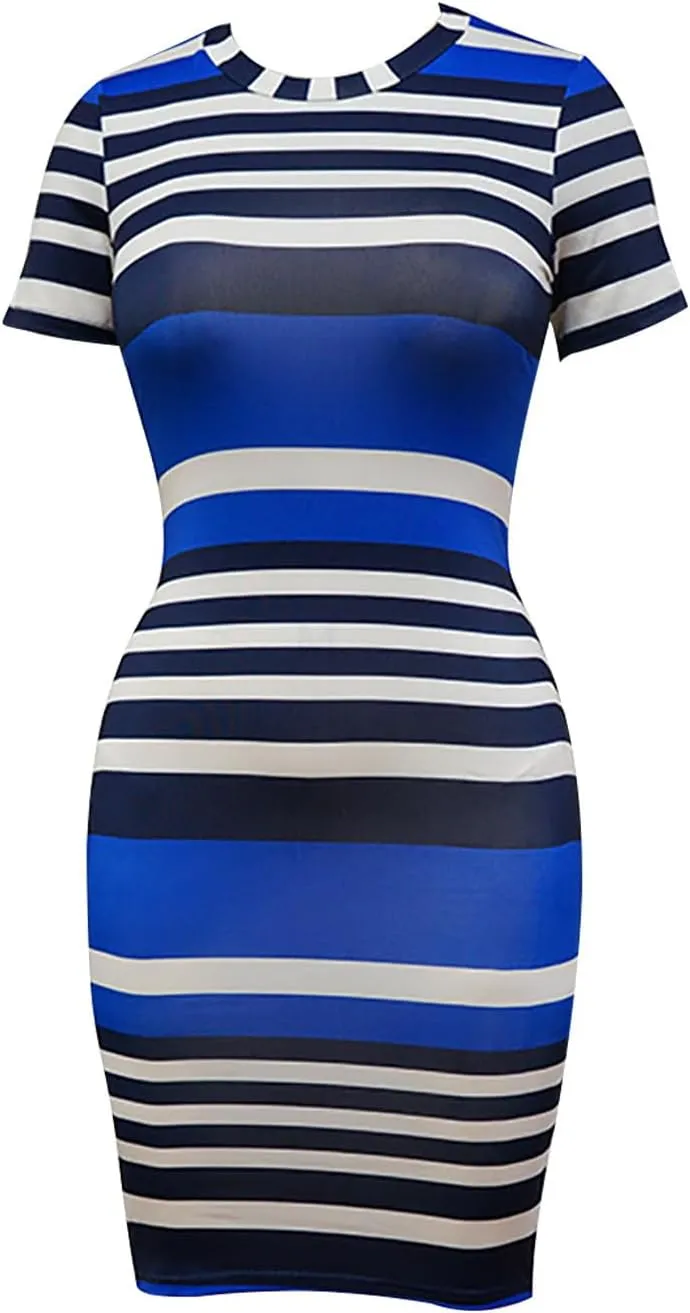 Women's Striped Short Sleeve Midi Dress Summer Casual Bodycon T Shirt Dress Classic Round Neck Slim Fit Sundress