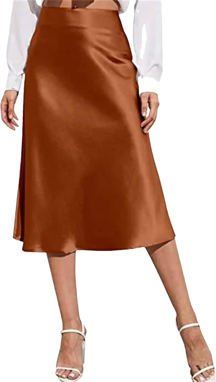 Women's Summer Skirts Mid Skirt Long Zipper Elegant Skirt High Waist Solid Color Satin Skirt