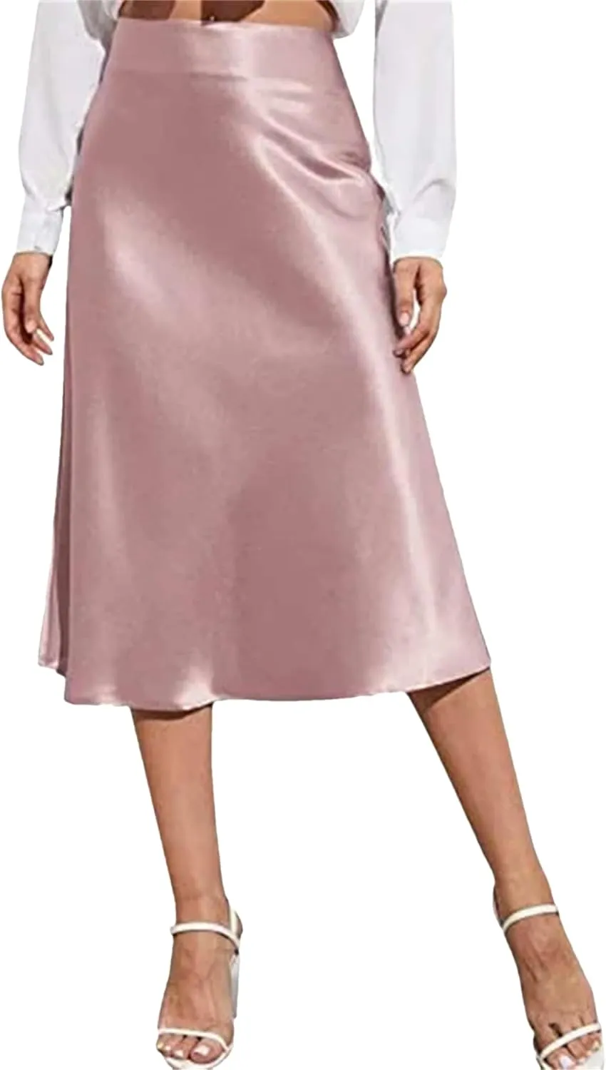 Women's Summer Skirts Mid Skirt Long Zipper Elegant Skirt High Waist Solid Color Satin Skirt