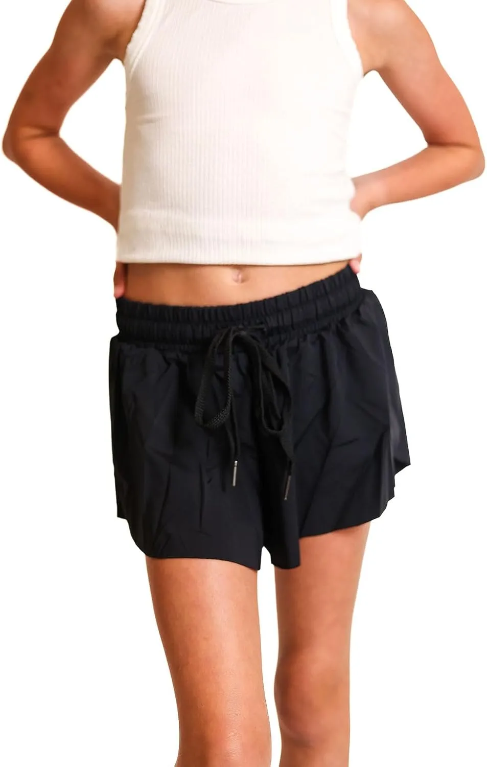 Youth Girls Flowy Athletic Shorts with Spandex Liner. Butterfly Shorts for Fitness, Running, Sports with Drawstring Closure